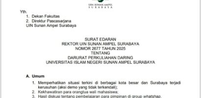 Surabaya Tak Kondusif, UINSA Alihkan Perkuliahan Daring hingga Asrama Ma’had Izinkan Mahasantri Pulang